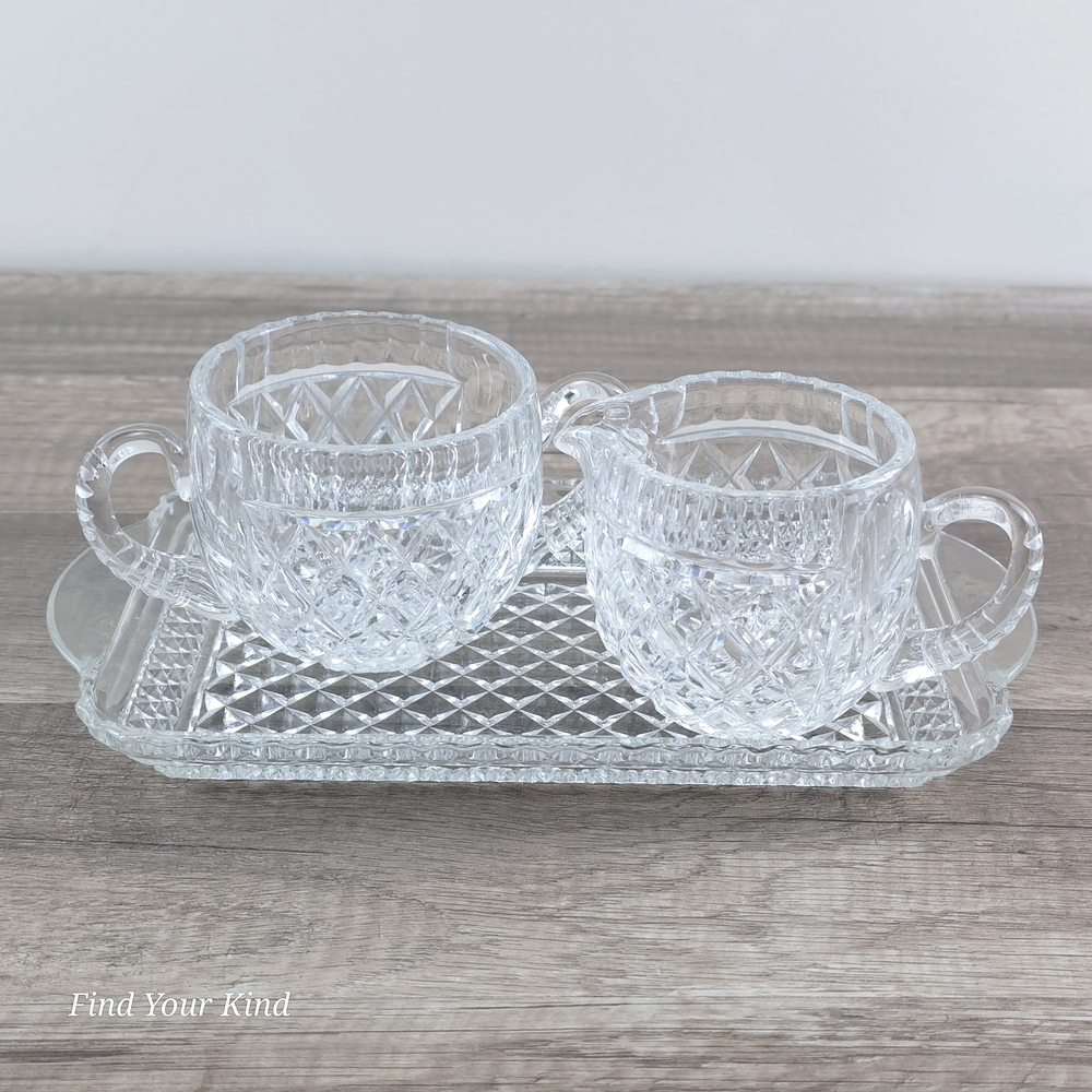 1962 vintage Wexford Crystal tray, sugar & creamer set diamond cut, crimped edge